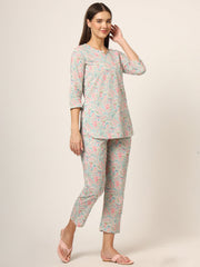 ESHANI Blue Multi Floral Print Cotton Regular Fit Night Suit