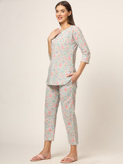 ESHANI Blue Multi Floral Print Cotton Regular Fit Night Suit