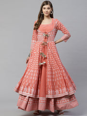 Eshani Women's Pink Khadi Print Cotton Layered Kurta