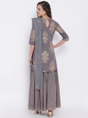 Eshani Grey Foil Print Cotton Sharara Set with Net Dupatta - Eshani world