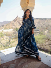 Eshani Blue Long Cotton Anarkali - divenaworld.com