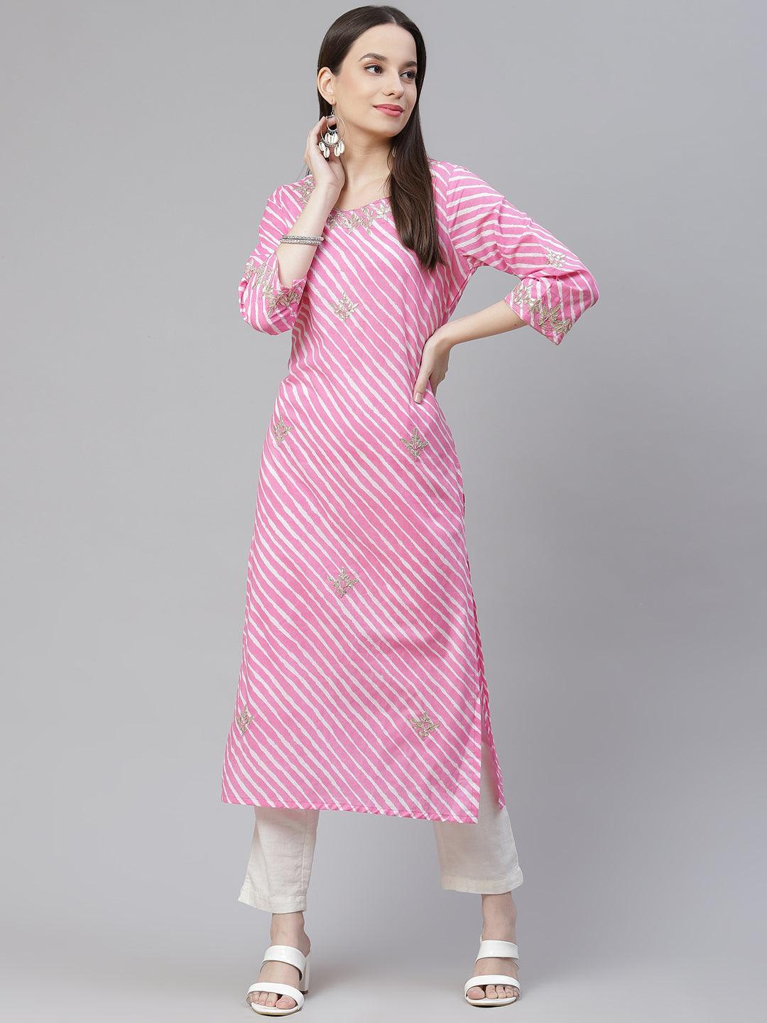 Eshani Pink Lahariya Cotton Gota patti Straight Kurta - Eshani world