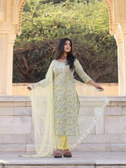 Eshani yellow Cotton Straight Kurta pant set with dupatta - divenaworld.com