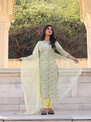 Eshani yellow Cotton Straight Kurta pant set with dupatta - divenaworld.com