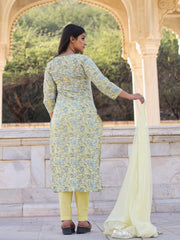 Eshani yellow Cotton Straight Kurta pant set with dupatta - divenaworld.com