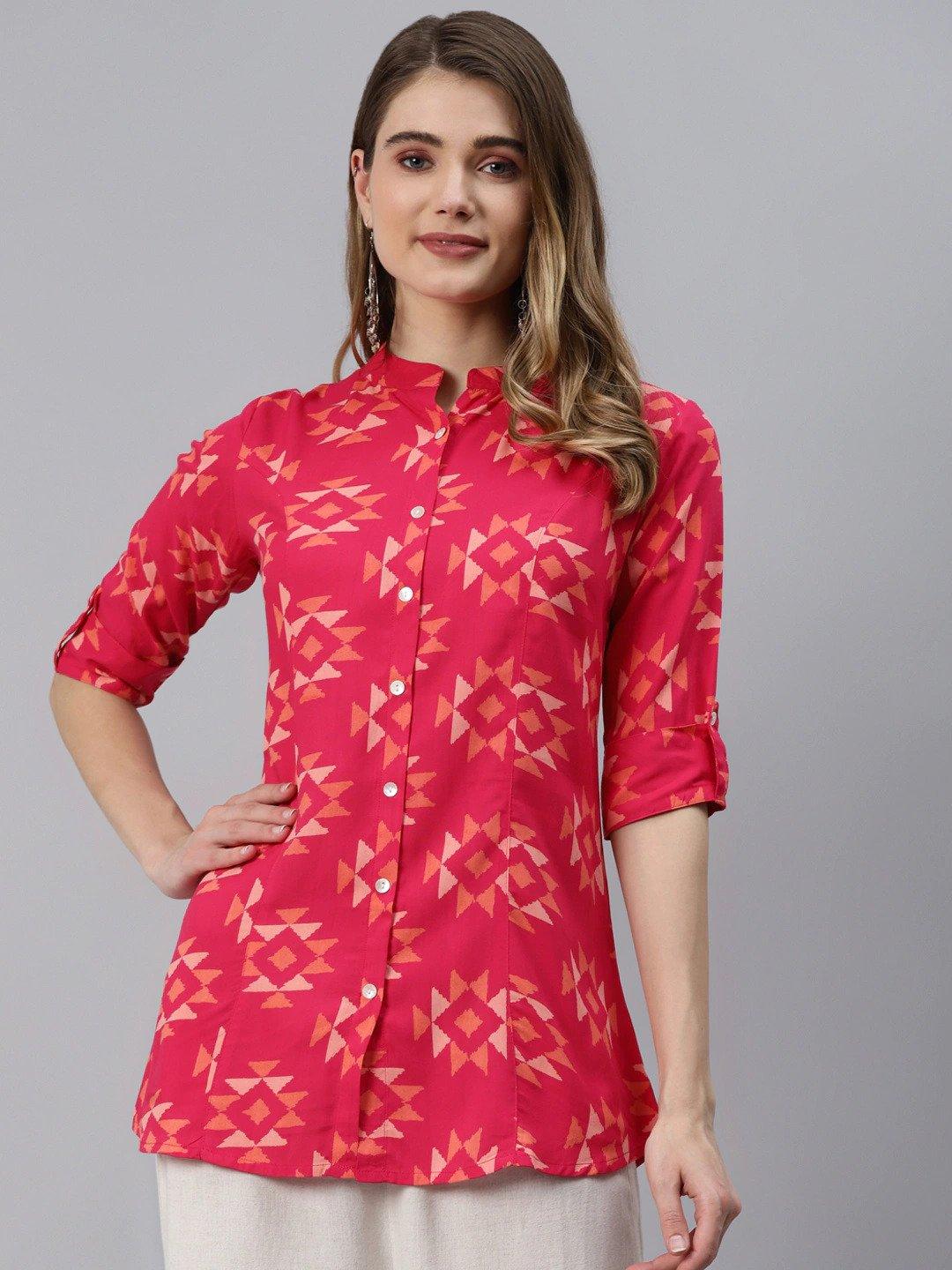 Eshani Pink Geometric Print Rayon Shirt Style Top - Eshani world