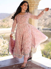 Eshani Baby Pink Cotton Anarkali Kurta Pant Set With Dupatta - divenaworld.com