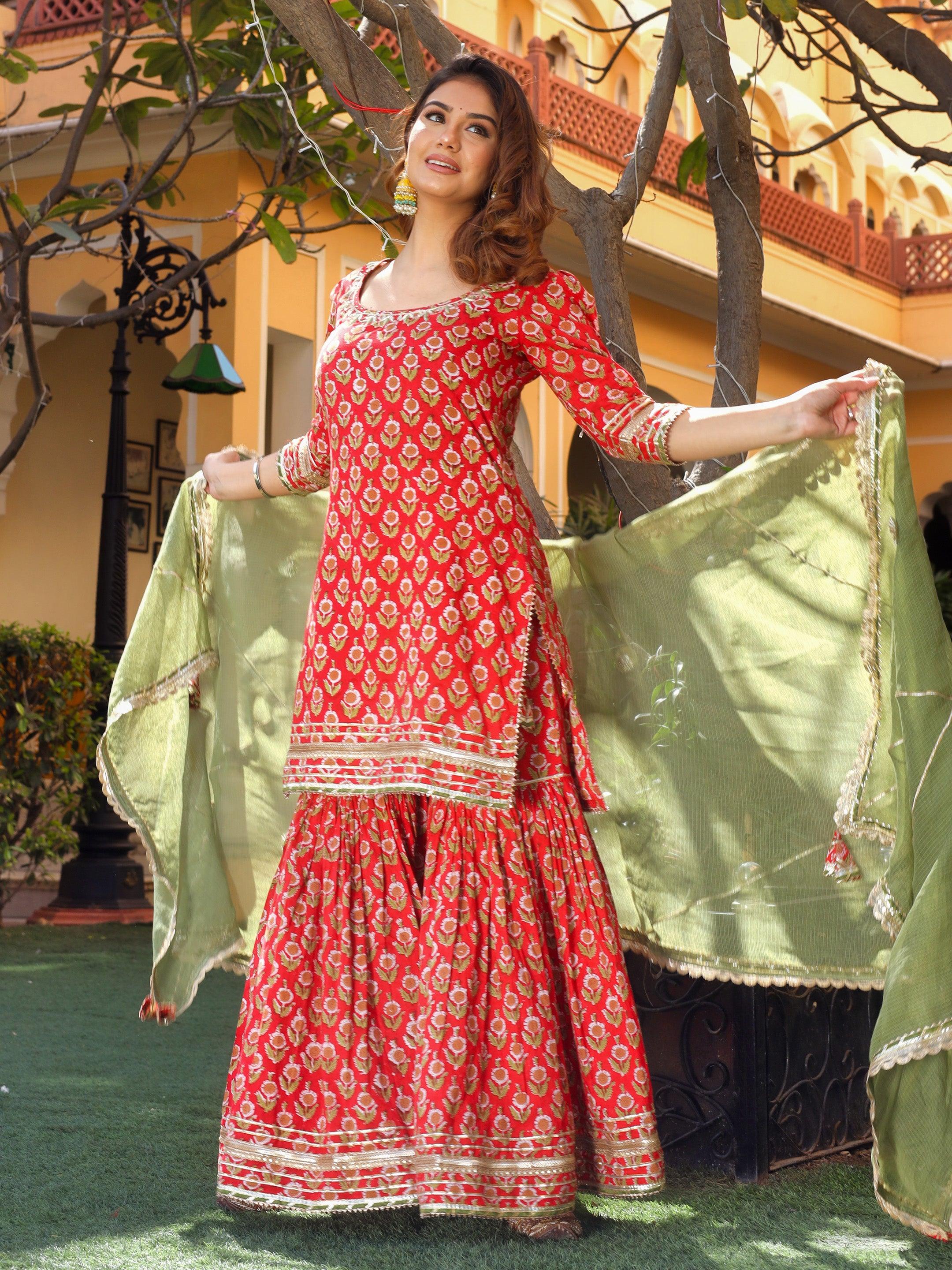 Eshani Red Cotton Dabu Printed Kurta Sharara Set with Kota Doria Dupatta - divenaworld.com