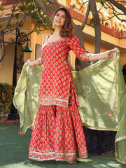 Eshani Red Cotton Dabu Printed Kurta Sharara Set with Kota Doria Dupatta - divenaworld.com