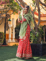 Eshani Red Cotton Dabu Printed Kurta Sharara Set with Kota Doria Dupatta - divenaworld.com