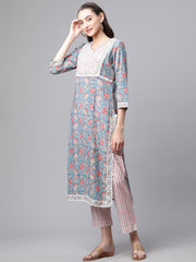 Eshani Turquoise Blue Hand Block Printed Kurta Pant Set with Dupatta - Eshani world