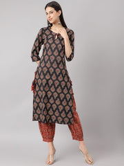 Eshani Black and Red Cotton Buti Printed Kurta with hem Cuffed pant set - Eshani world