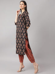 Eshani Black and Red Cotton Buti Printed Kurta with hem Cuffed pant set - Eshani world
