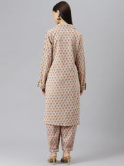 Eshani Beige Cotton Shirt Style Kurta Hem Cuffed Pant Co-ord Set - Eshani world