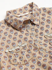 Eshani Beige Cotton Shirt Style Kurta Hem Cuffed Pant Co-ord Set - Eshani world