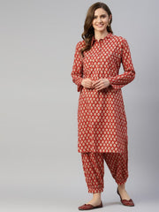 Eshani Maroon Cotton Shirt Style Kurta Hem Cuffed Pant Co-ord Set