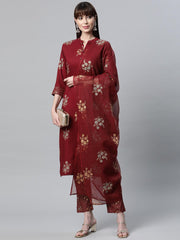 Eshani Maroon Rayon Kurta Pant Set with kota doria Dupatta - Eshani world
