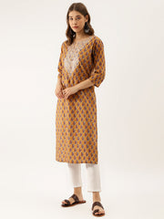 Eshani Brown Floral Printed Cotton Zari Work Kurta for Women