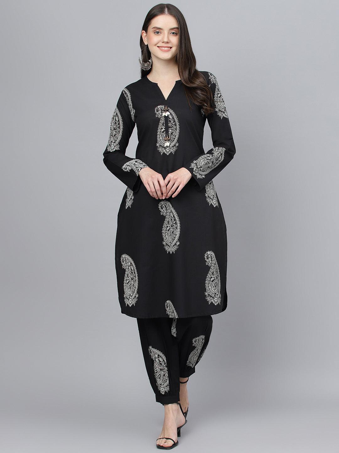 Eshani Black Cotton Straight Kurta Hem Cuffed Pant set - Eshani world
