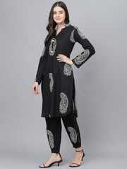 Eshani Black Cotton Straight Kurta Hem Cuffed Pant set - Eshani world