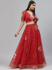 Eshani Red Hand Painted Organza Flared Lehenga Choli Set with Organza Dupatta - Eshani world