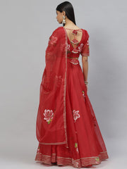 Eshani Red Hand Painted Organza Flared Lehenga Choli Set with Organza Dupatta - Eshani world