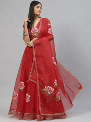 Eshani Red Hand Painted Organza Flared Lehenga Choli Set with Organza Dupatta - Eshani world
