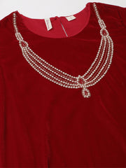 Eshani Maroon Plain Velvet Bead work Embroidered Kurta Set with Organza Dupatta