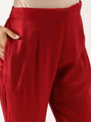 Eshani Maroon Plain Velvet Bead work Embroidered Kurta Set with Organza Dupatta