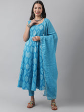 Eshani Turquoise Blue Floral Cotton Anarkali Kurta Pant Set with Dupatta - Eshani world
