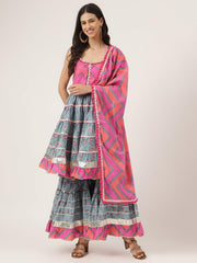 Eshani Turquoise Blue Cotton Sleeves less Anarkali Sharara set with Dupatta - Eshani world