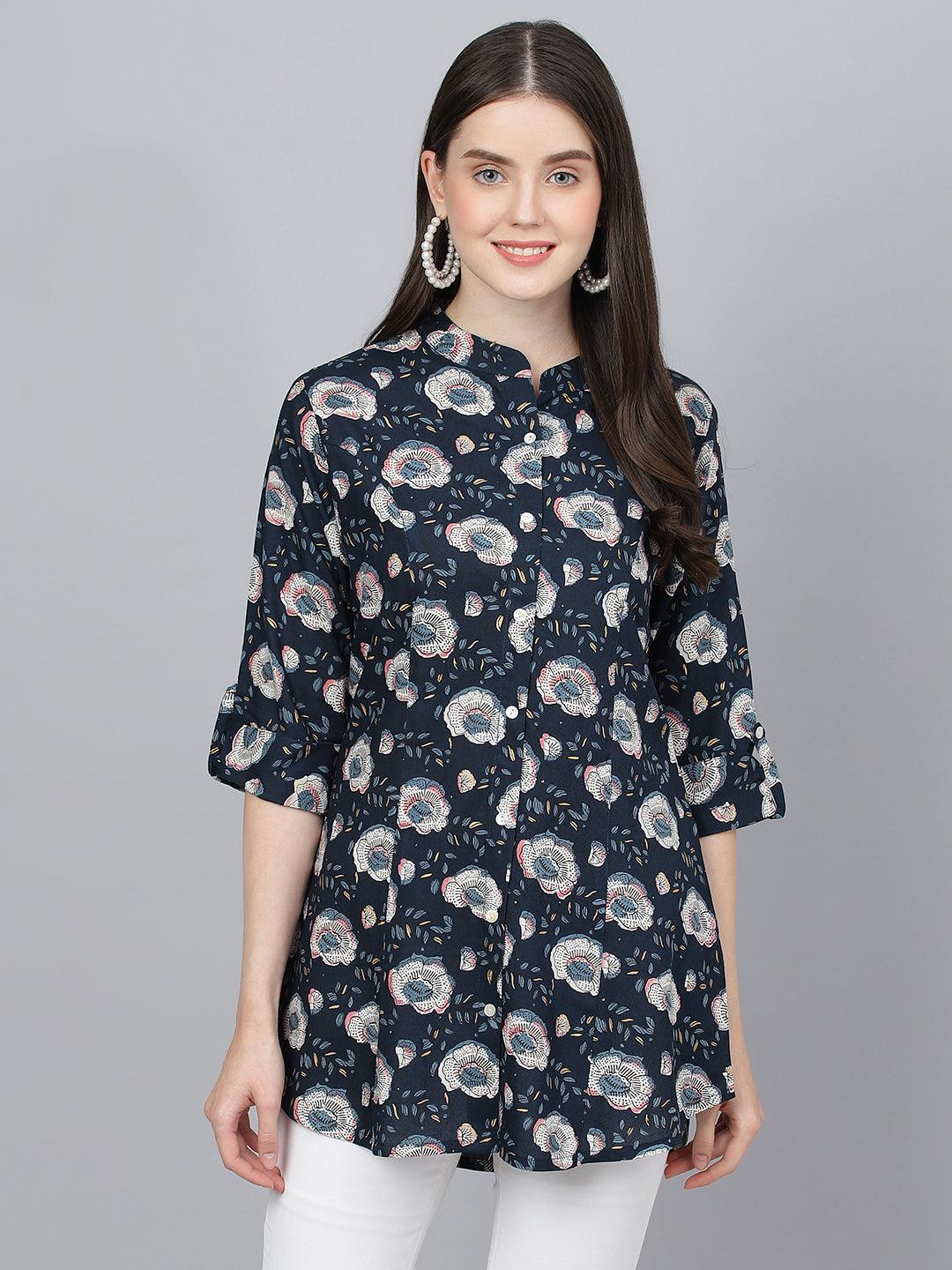 Eshani Blue Floral printed Rayon A-line Shirts Style Top - Eshani world