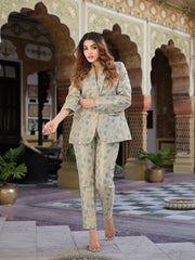 ESHANI Golden Brocade Printed Coat with Pant