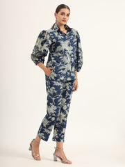 ESHANI Navy Floral Print Pure Cotton Straight Co-ord Set