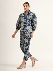 ESHANI Navy Floral Print Pure Cotton Straight Co-ord Set