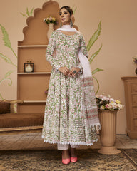 Eshani Handblock Printed Green Anarkali Cotton Kurta With Trousers & Dupatta