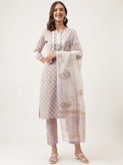 Eshani Lavender Hand Block Printed Cotton Kurta, Trouser with Kota Doria Dupatta Set