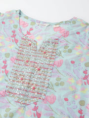 Eshani Blue Floral Print Cotton Kurta, Trouser With Dupatta