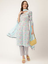Eshani Blue Floral Print Cotton Kurta, Trouser With Dupatta