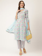 Eshani Blue Floral Print Cotton Kurta, Trouser With Dupatta
