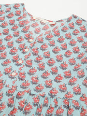 Eshani Sky Blue Floral Printed Cotton Tiered Dress