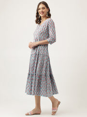 Eshani Sky Blue Floral Printed Cotton Tiered Dress