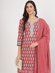 Eshani Maroon Paisley Print Cotton Kurta pants with Dupatta set