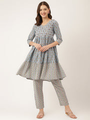 Eshani Sky Blue Hand Block Floral Print Cotton Kurta, Trouser