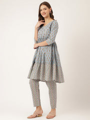 Eshani Sky Blue Hand Block Floral Print Cotton Kurta, Trouser