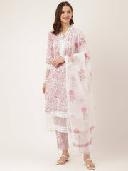 Eshani White Hand Block Floral Print Cotton Kurta, Trouser & Dupatta