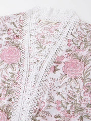 Eshani White Hand Block Floral Print Cotton Kurta, Trouser & Dupatta