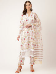 Eshani White Hand Block Floral Print Cotton Kurta, Trouser With Dupatta