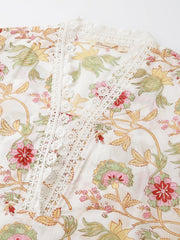Eshani White Hand Block Floral Print Cotton Kurta, Trouser With Dupatta