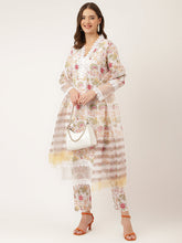 Eshani White Hand Block Floral Print Cotton Kurta, Trouser With Dupatta